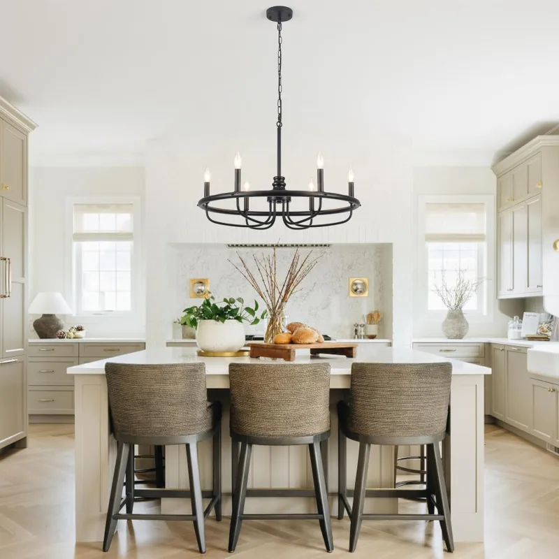 Black Chandeliers for Dining Room, 6-Light Industrial Style Circle Chandelier, Matte Black Finish Mid-Century Farmhouse Chandelier for Entryway Kitchen Dining Living Room