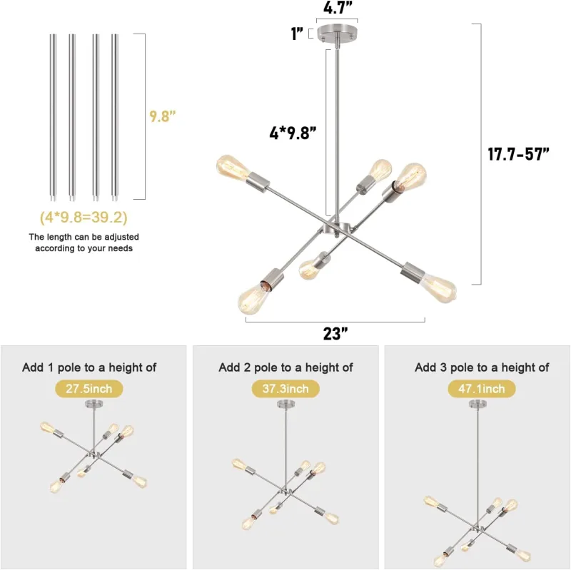 Sputnik Chandeliers for Kitchen Island,Brushed Nickel 6 Light Dining Room Lighting Fixtures Hanging, Adjustable Height Pendant Lights Industrial Modern Ceiling Light