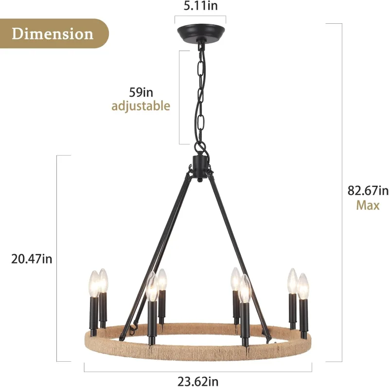8-Light Wagon Wheel Chandelier Black Chandelier Light Fixture for Living Room Farmhouse Pendant Light Fixture for Dining Room, Foyer, Entryway,Kitchen Island