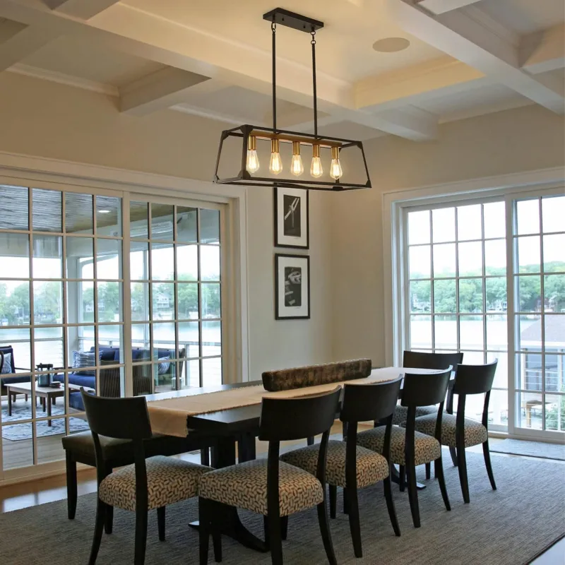 Pendant Lighting for Kitchen Island,5-Light Contemporary Farmhouse Black and Gold Chandelier, 31.5'' Adjustable High Modern Linear Chandeliers for Living Dining Rooms Foyer Bar