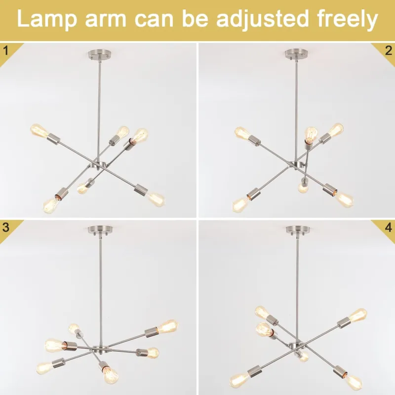 Sputnik Chandeliers for Kitchen Island,Brushed Nickel 6 Light Dining Room Lighting Fixtures Hanging, Adjustable Height Pendant Lights Industrial Modern Ceiling Light