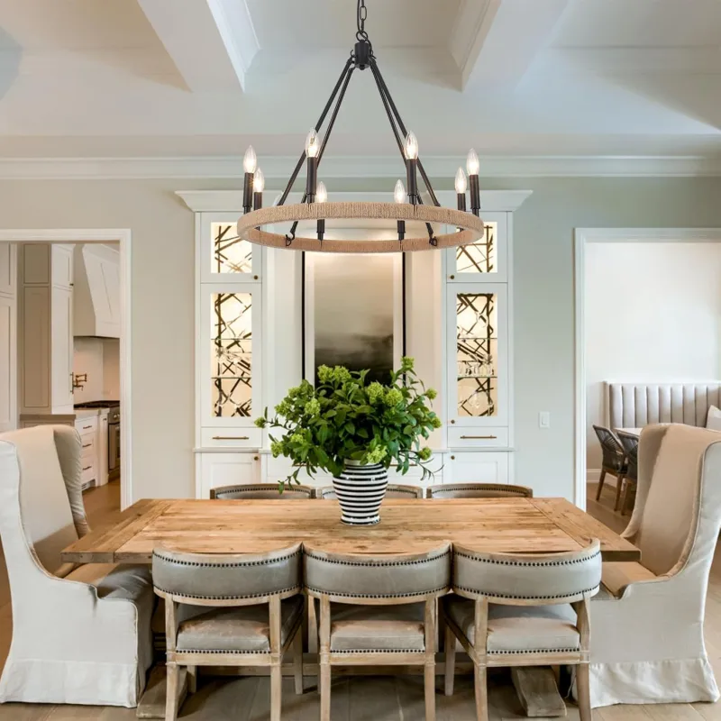8-Light Wagon Wheel Chandelier Black Chandelier Light Fixture for Living Room Farmhouse Pendant Light Fixture for Dining Room, Foyer, Entryway,Kitchen Island