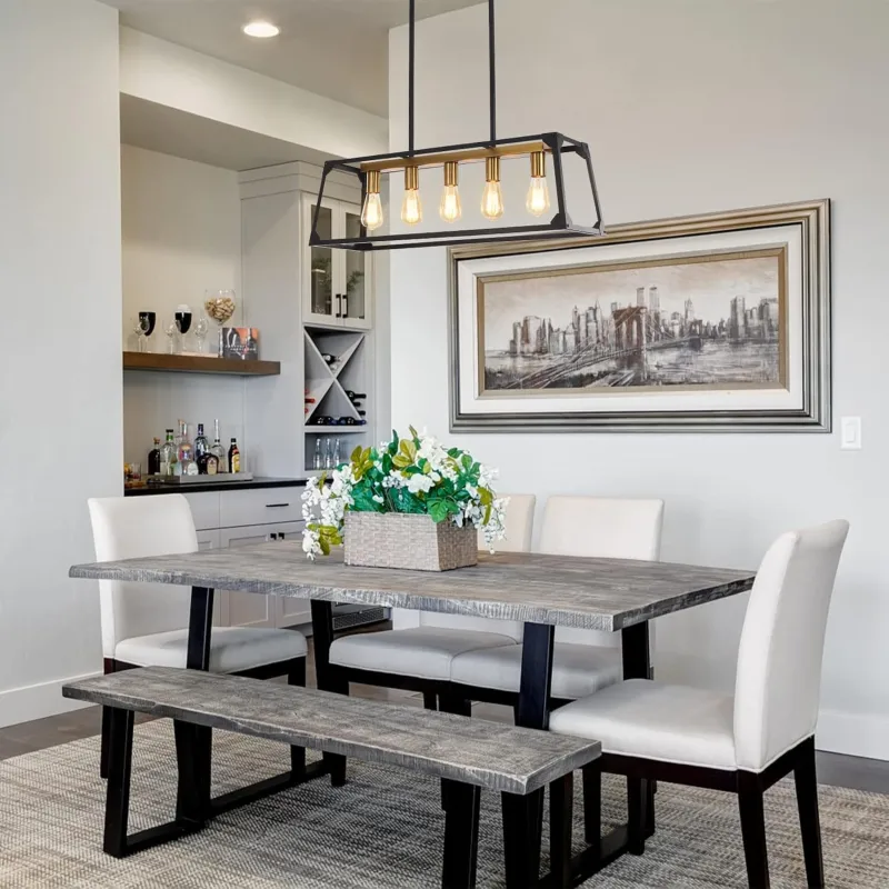 Pendant Lighting for Kitchen Island,5-Light Contemporary Farmhouse Black and Gold Chandelier, 31.5'' Adjustable High Modern Linear Chandeliers for Living Dining Rooms Foyer Bar