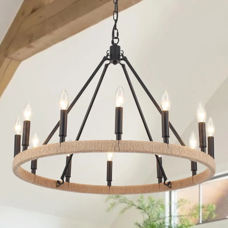 Black Wagon Wheel Chandelier 12 Light Round Farmhouse Chandelier Rustic High Hanging Ceilings Fixtures for Living Room, Foyer, Entryway, Dining Room
