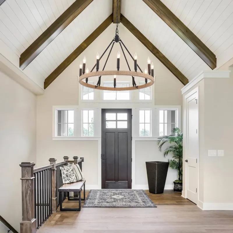 Black Wagon Wheel Chandelier 12 Light Round Farmhouse Chandelier Rustic High Hanging Ceilings Fixtures for Living Room, Foyer, Entryway, Dining Room
