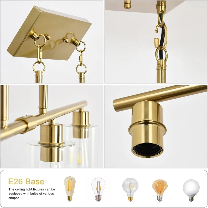Modern Gold Kitchen Island Chandelier 4-Light Brushed Brass Farmhouse Pendant Light Industrial Kitchen Island Lighting Fixture with Glass Shades Hanging Lamp for Dining Living Room