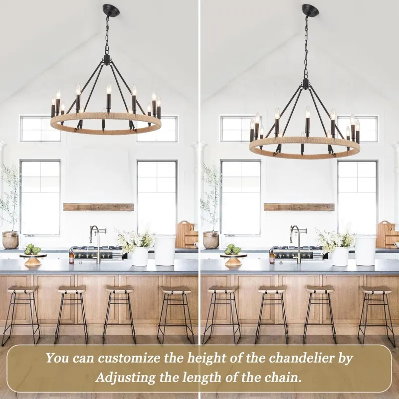Black Wagon Wheel Chandelier 12 Light Round Farmhouse Chandelier Rustic High Hanging Ceilings Fixtures for Living Room, Foyer, Entryway, Dining Room