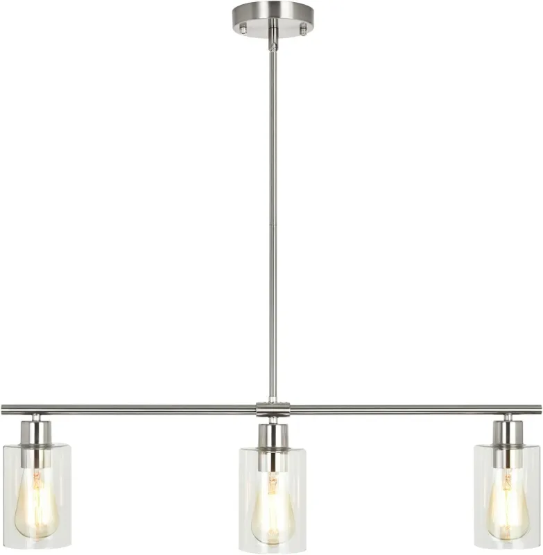 3-Light Pendant Lighting, Clear Glass Pendant Lighting for Kitchen Island, Brushed Nickel Hanging Light Fixture Pendant Light Dining Room Chandelier Farmhouse