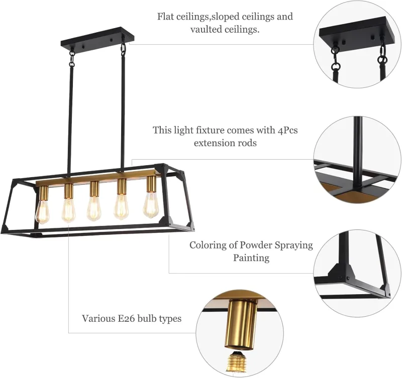 Pendant Lighting for Kitchen Island,5-Light Contemporary Farmhouse Black and Gold Chandelier, 31.5'' Adjustable High Modern Linear Chandeliers for Living Dining Rooms Foyer Bar