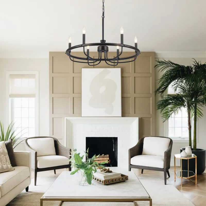 Black Chandeliers for Dining Room, 6-Light Industrial Style Circle Chandelier, Matte Black Finish Mid-Century Farmhouse Chandelier for Entryway Kitchen Dining Living Room