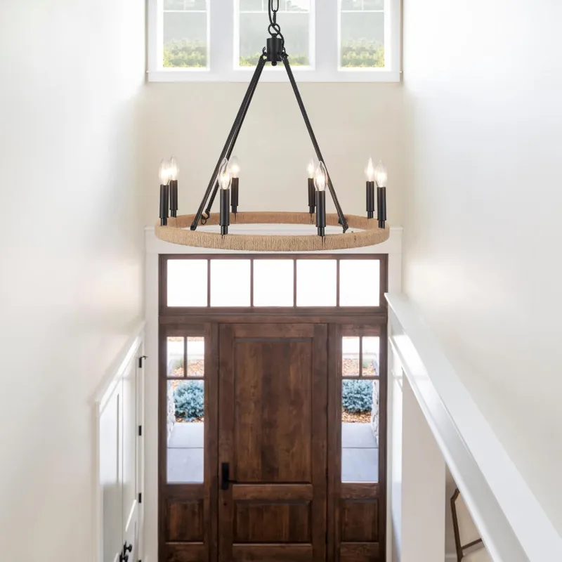 8-Light Wagon Wheel Chandelier Black Chandelier Light Fixture for Living Room Farmhouse Pendant Light Fixture for Dining Room, Foyer, Entryway,Kitchen Island