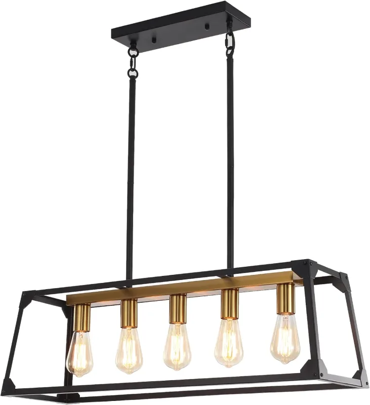 Pendant Lighting for Kitchen Island,5-Light Contemporary Farmhouse Black and Gold Chandelier, 31.5'' Adjustable High Modern Linear Chandeliers for Living Dining Rooms Foyer Bar