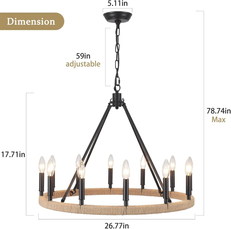 Black Wagon Wheel Chandelier 12 Light Round Farmhouse Chandelier Rustic High Hanging Ceilings Fixtures for Living Room, Foyer, Entryway, Dining Room