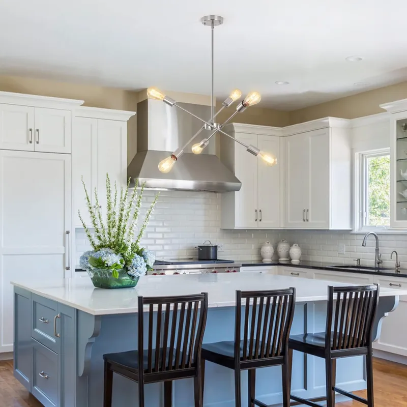 Sputnik Chandeliers for Kitchen Island,Brushed Nickel 6 Light Dining Room Lighting Fixtures Hanging, Adjustable Height Pendant Lights Industrial Modern Ceiling Light