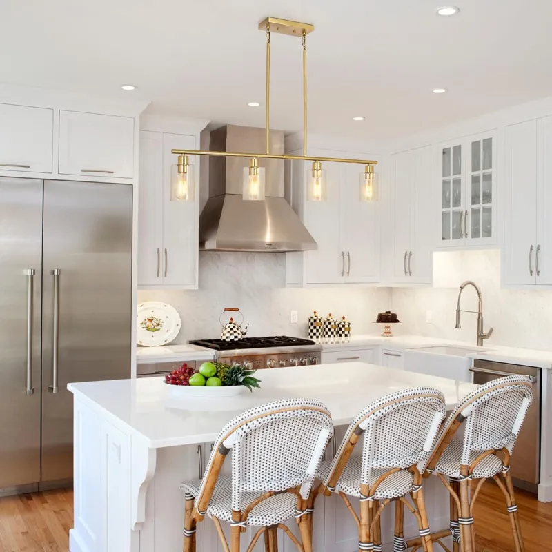 Modern Gold Kitchen Island Chandelier 4-Light Brushed Brass Farmhouse Pendant Light Industrial Kitchen Island Lighting Fixture with Glass Shades Hanging Lamp for Dining Living Room
