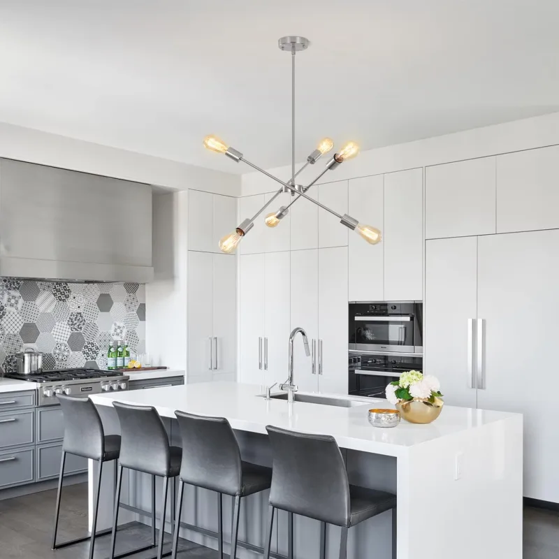 Sputnik Chandeliers for Kitchen Island,Brushed Nickel 6 Light Dining Room Lighting Fixtures Hanging, Adjustable Height Pendant Lights Industrial Modern Ceiling Light