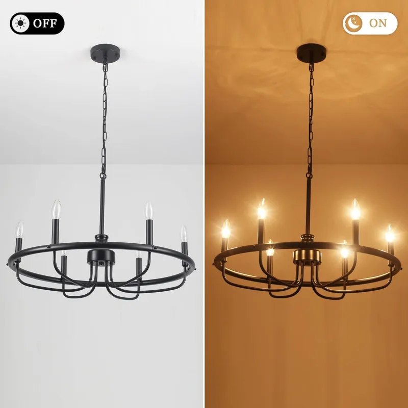 Black Chandeliers for Dining Room, 6-Light Industrial Style Circle Chandelier, Matte Black Finish Mid-Century Farmhouse Chandelier for Entryway Kitchen Dining Living Room