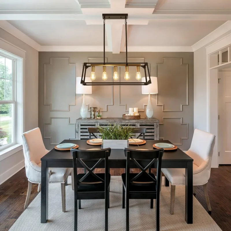 Pendant Lighting for Kitchen Island,5-Light Contemporary Farmhouse Black and Gold Chandelier, 31.5'' Adjustable High Modern Linear Chandeliers for Living Dining Rooms Foyer Bar