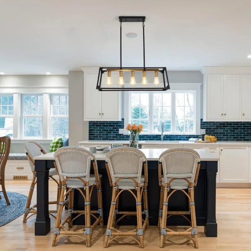 Pendant Lighting for Kitchen Island,5-Light Contemporary Farmhouse Black and Gold Chandelier, 31.5'' Adjustable High Modern Linear Chandeliers for Living Dining Rooms Foyer Bar