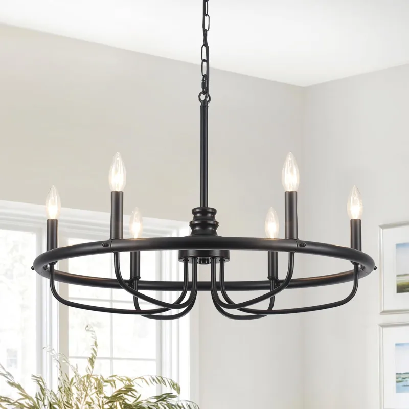 Black Chandeliers for Dining Room, 6-Light Industrial Style Circle Chandelier, Matte Black Finish Mid-Century Farmhouse Chandelier for Entryway Kitchen Dining Living Room