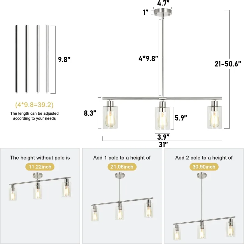 3-Light Pendant Lighting, Clear Glass Pendant Lighting for Kitchen Island, Brushed Nickel Hanging Light Fixture Pendant Light Dining Room Chandelier Farmhouse