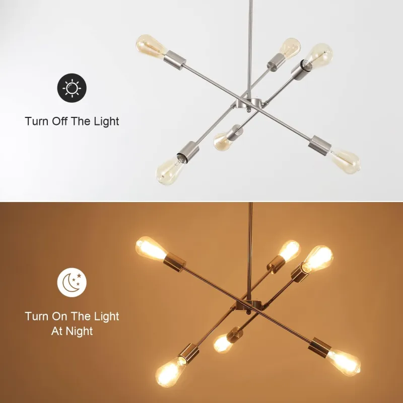 Sputnik Chandeliers for Kitchen Island,Brushed Nickel 6 Light Dining Room Lighting Fixtures Hanging, Adjustable Height Pendant Lights Industrial Modern Ceiling Light