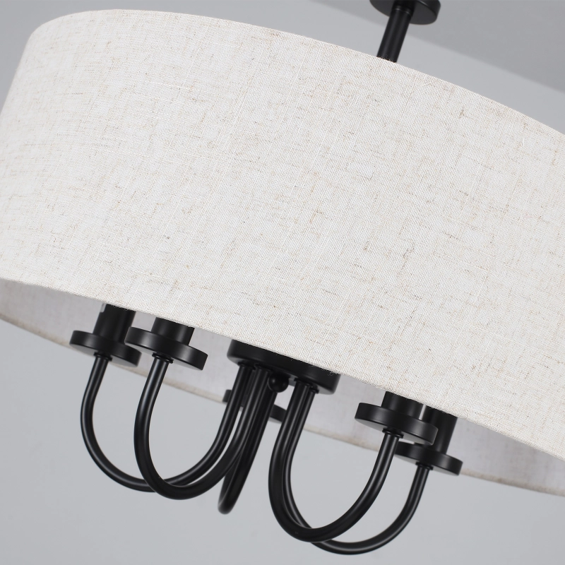 19" Drum Modern Chandelier with Shades, 5-Light Farmhouse Linen Drum Shade Pendant Light Fixtures, Kitchen Round White Chandeliers Over Table for Dining Room Bedroom Hallway Light Fixture