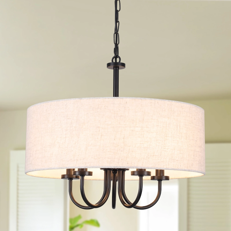 19" Drum Modern Chandelier with Shades, 5-Light Farmhouse Linen Drum Shade Pendant Light Fixtures, Kitchen Round White Chandeliers Over Table for Dining Room Bedroom Hallway Light Fixture