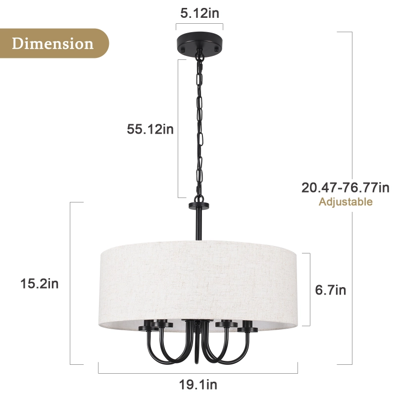 19" Drum Modern Chandelier with Shades, 5-Light Farmhouse Linen Drum Shade Pendant Light Fixtures, Kitchen Round White Chandeliers Over Table for Dining Room Bedroom Hallway Light Fixture