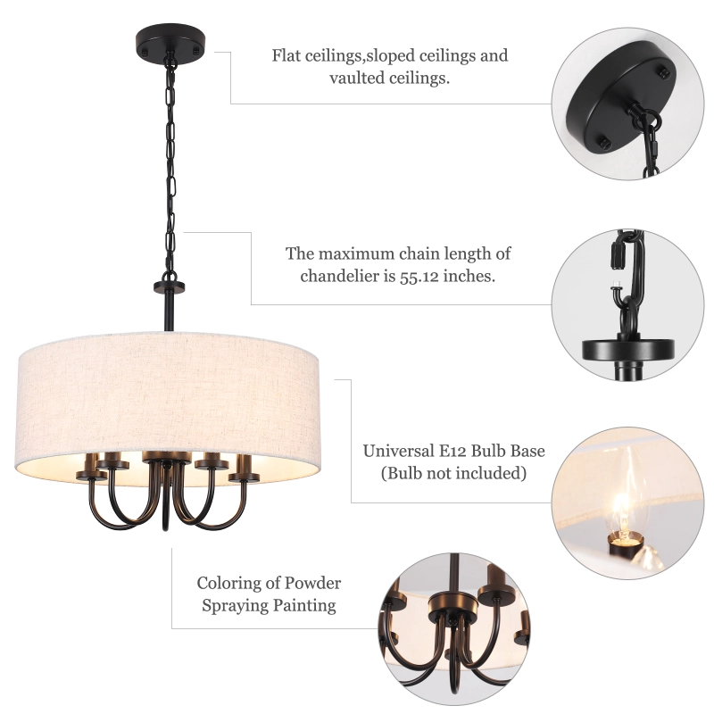 19" Drum Modern Chandelier with Shades, 5-Light Farmhouse Linen Drum Shade Pendant Light Fixtures, Kitchen Round White Chandeliers Over Table for Dining Room Bedroom Hallway Light Fixture