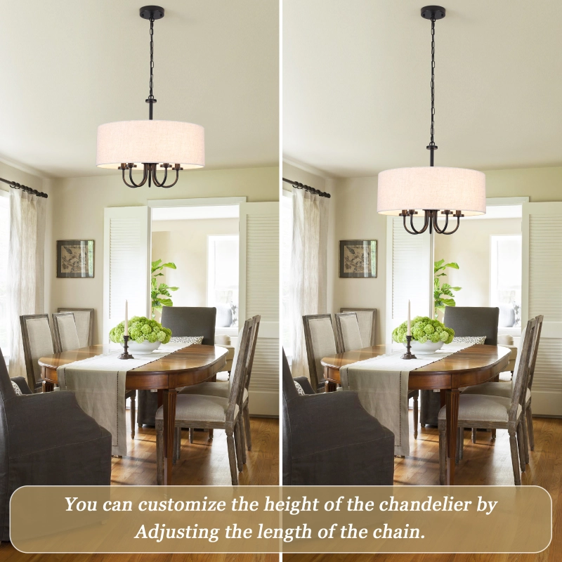 19" Drum Modern Chandelier with Shades, 5-Light Farmhouse Linen Drum Shade Pendant Light Fixtures, Kitchen Round White Chandeliers Over Table for Dining Room Bedroom Hallway Light Fixture