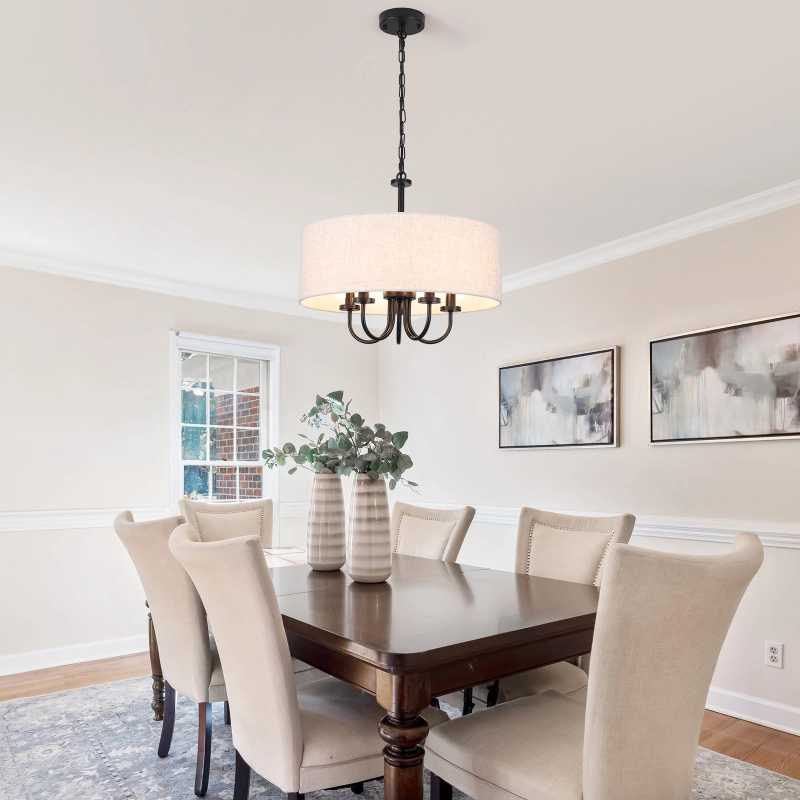 19" Drum Modern Chandelier with Shades, 5-Light Farmhouse Linen Drum Shade Pendant Light Fixtures, Kitchen Round White Chandeliers Over Table for Dining Room Bedroom Hallway Light Fixture