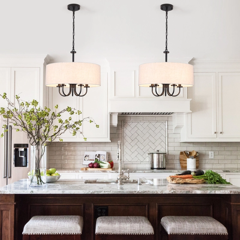 19" Drum Modern Chandelier with Shades, 5-Light Farmhouse Linen Drum Shade Pendant Light Fixtures, Kitchen Round White Chandeliers Over Table for Dining Room Bedroom Hallway Light Fixture