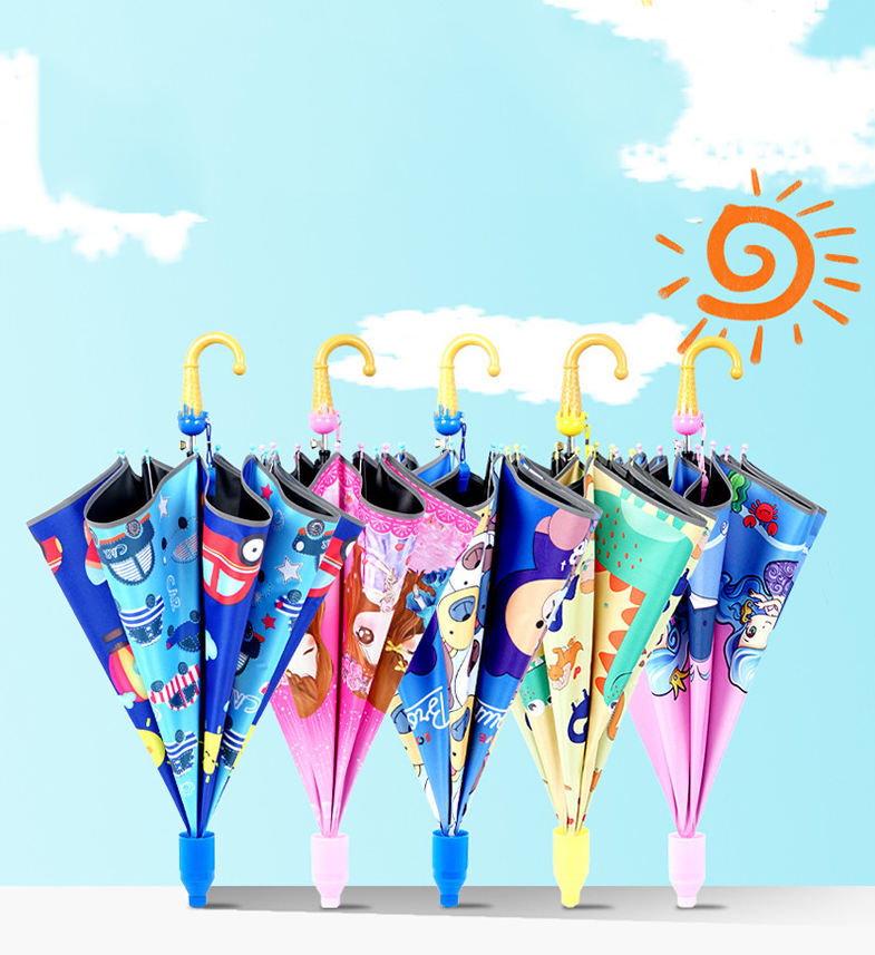 Customized UV Coating design anti dripping safety round corner umbrella Children Cute character Carton Kids cheap Umbrella