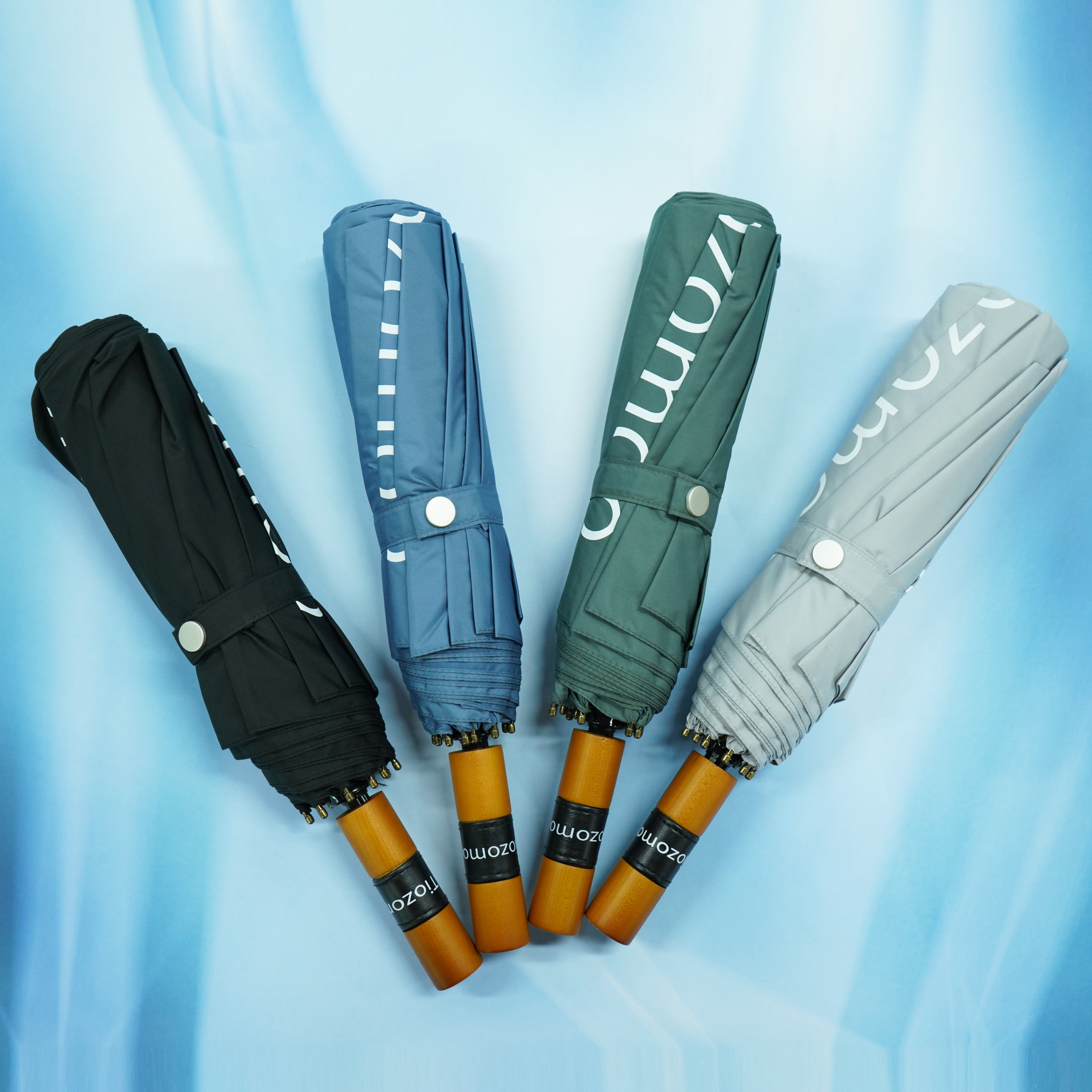 Tiozomoo Factory Sun Advertising Customized Logo Wooden Handle windproof 8 ribs 260T Pongee Umbrellas for adults