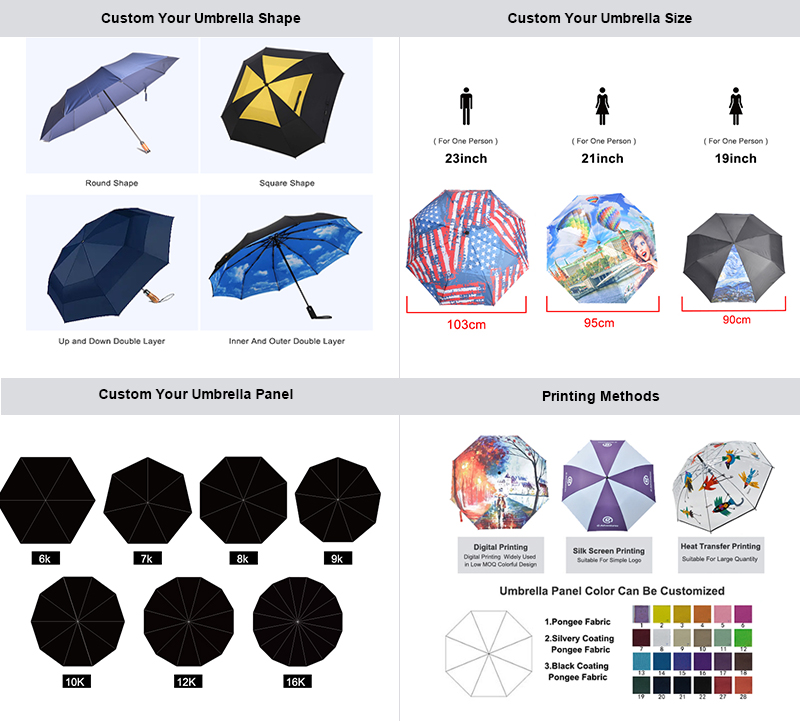 A variety of custom market umbrellas in an outdoor event