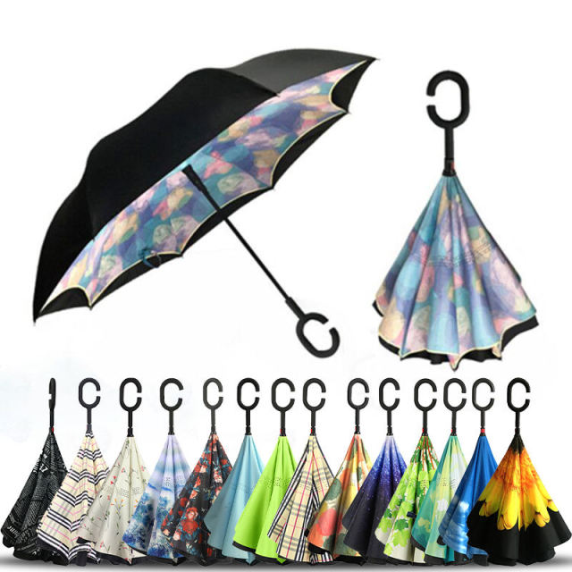 Wholesale Upside Down Invert Umbrella for Rain Inside Out Custom Double Layer Arc C Handle Windproof Reverse Umbrella