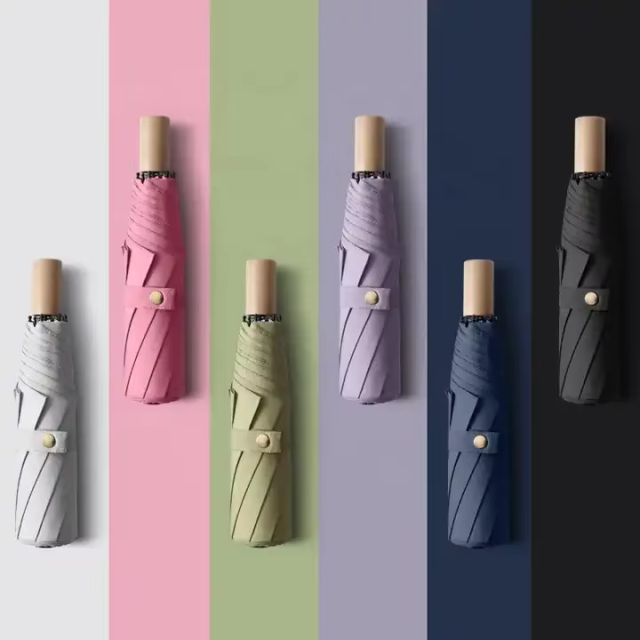 23 Inch 8 Bone Eco-friendly Solid Wooden Fold Umbrella Discount Design Sturdy Windproof Three Folding Umbrella
