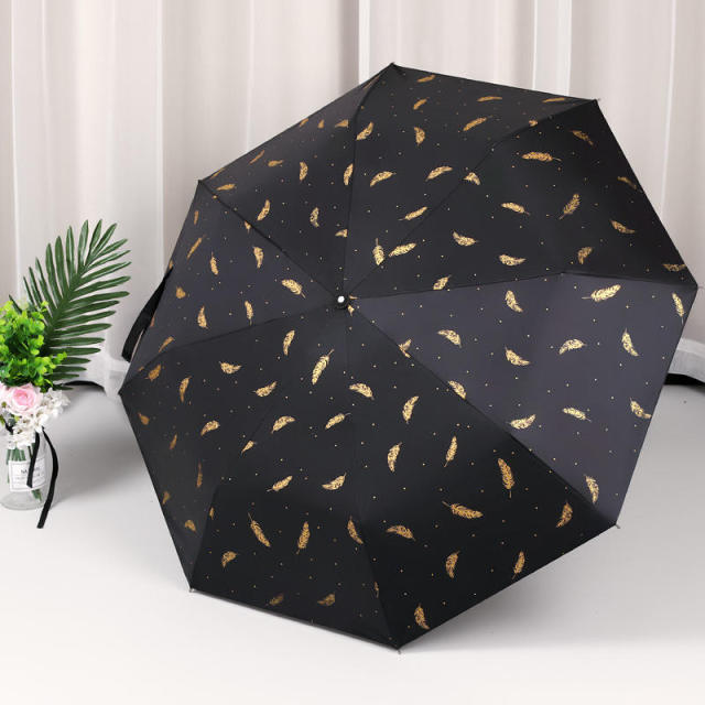 Bronzing Feather Umbrella Black UV Proof Coating Chromatic Sunshade 3 Folding Section Umbrella
