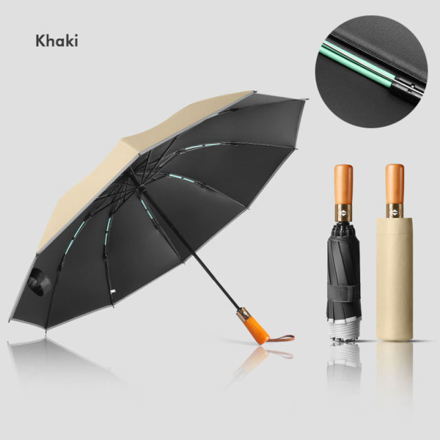 Automatic wholesale reverse 10 ribs reflective parapluie custom wooden handle windproof inverted uv protection folding umbrella