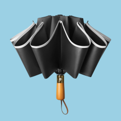 Automatic wholesale reverse 10 ribs reflective parapluie custom wooden handle windproof inverted uv protection folding umbrella