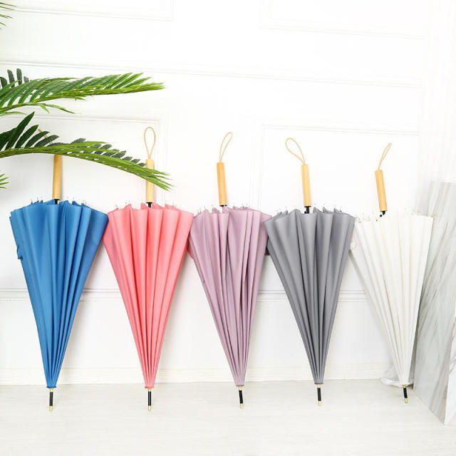 New Style Candy Color 16 Bone Wooden Handle Large Size Straight Pole Umbrella Fashion Long Handle Umbrella