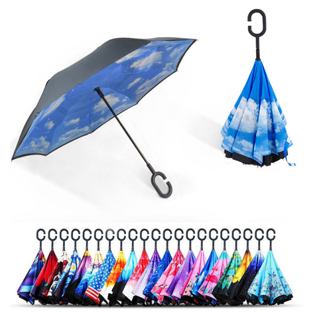 23 inches resistant frame c handle smart reverse umbrella upside-down double layer inverted umbrella