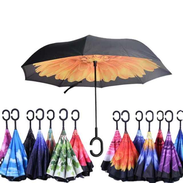 Wholesale Windproof Reverse Folding Double Layer Inverted Umbrella  Magic Flower Paraguas Umbrella  C-Hook Hands for Car