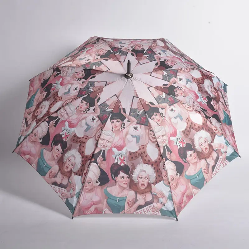 Custom Made Classic Curved Wood Hook Wooden Handle Straight Umbrella for Travel for Store Advertising