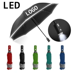 Cheap Recycled Plastic 3 Fold Automatic Umbrella Handle LED Outdoor Solar Umbrella With Led Light With Custom Logo
