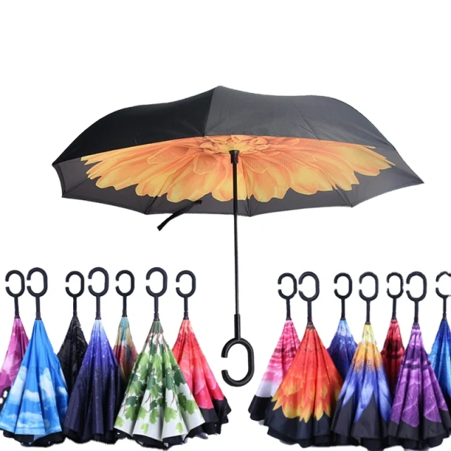 Wholesale Windproof Reverse Folding Double Layer Inverted Umbrella  Magic Flower Paraguas Umbrella  C-Hook Hands for Car