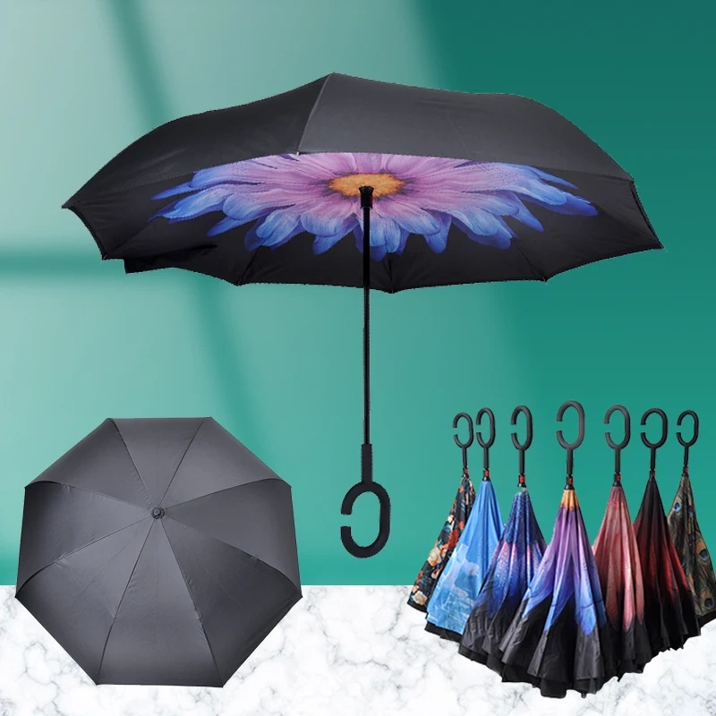 Wholesale Windproof Reverse Folding Double Layer Inverted Umbrella  Magic Flower Paraguas Umbrella  C-Hook Hands for Car