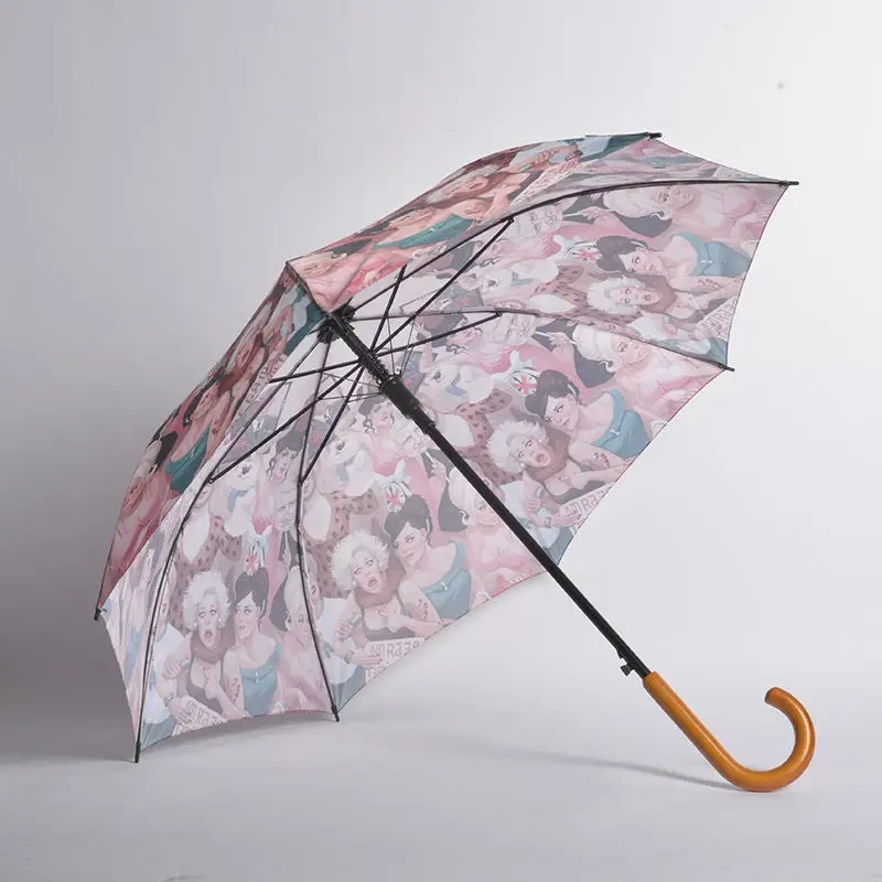 Custom Made Classic Curved Wood Hook Wooden Handle Straight Umbrella for Travel for Store Advertising