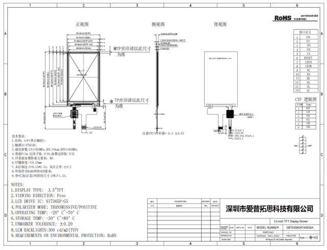 3.5 Inch 320*480 SPI RTP Touch Panel TFT LCD Module